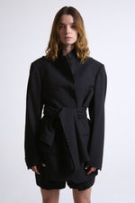 Cargar imagen en el visor de la galería, BLAZER MANTO - TALLA S/M - NEGRO TEXTURA RAYAS
